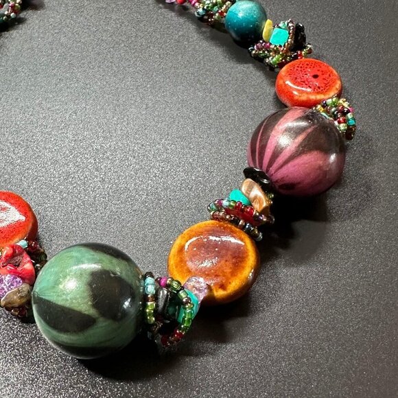 Multicolor Beaded Statement Necklace With Ceramic & Glass Accents - Picture 3 of 3